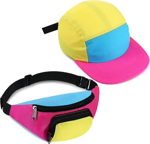 Cindeer Paquete de 2 riñoneras de neón de los años 80 y 90 para mujer, sombrero de neón, cangurera retro para fiesta de los años 80 y 90, festival