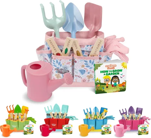 Miniatura 8 de Juego de jardinería para niños – El kit de jardinería para niños pequeños incluye regadera para niños, pala, rastrillo, estacas para plantas, Azul