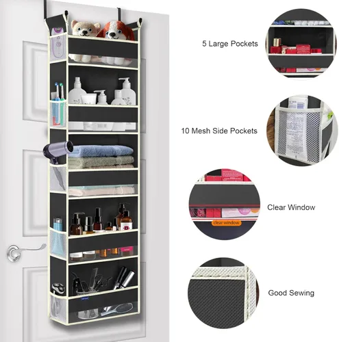 Miniatura 5 de Organizador para colgar sobre la puerta, 5 estantes y 10 bolsillos laterales, almacenamiento sobre la puerta para baño y dormitorio, organizadores