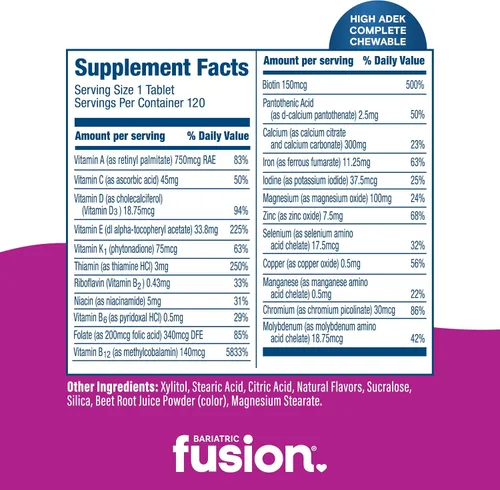 Miniatura 4 de Bariatric Fusion Multivitamínico masticable con alto contenido de vitaminas ADEK Multi para pacientes con interruptor duodenal Tabletas