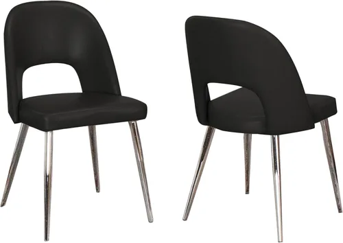Sunset Trading Mia - Silla de comedor de piel sintética | Patas cónicas plateadas de cromo pulido | Asiento acolchado negro con respaldo abierto