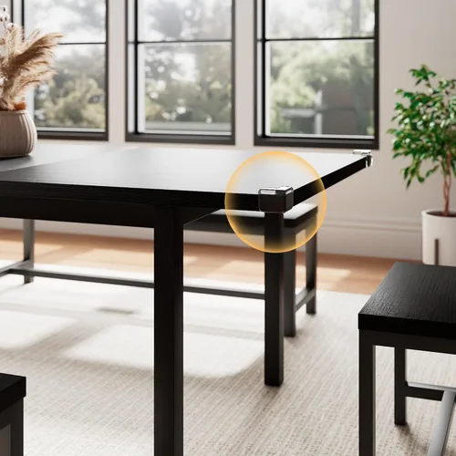 Miniatura 6 de Einhomn Juego de Mesa de Comedor de 5 Piezas para 4-6, Mesa de Cocina Extensible de 63" con 2 Bancos y 2 Taburetes, Estructura de Metal y Tablero