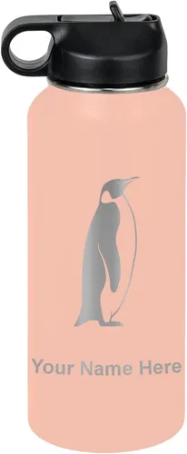 Miniatura 72 de LaserGram Botella de agua personalizada, pingüino, acero inoxidable de doble pared aislada al vacío con popote superior, regalo grabado