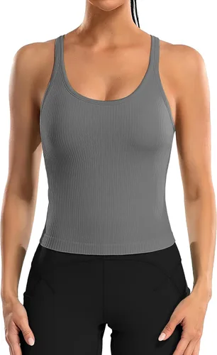 Miniatura 146 de ATTRACO Camiseta corta acanalada de entrenamiento para mujer con brasier integrado para yoga, espalda cruzada, ajuste ajustado