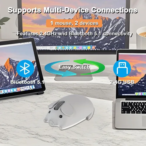 Miniatura 3 de Ratón inalámbrico Bluetooth y modo dual de 2.4 GHz, lindo ratón con forma de cerdo animal con receptor USB, 1200 DPI, ratón óptico de viaje portátil