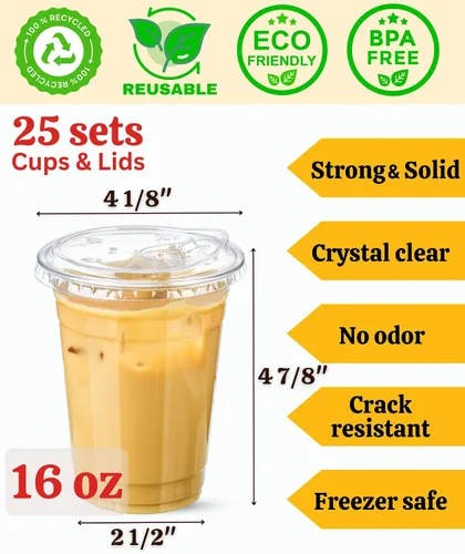 Miniatura 4 de Vasos de plástico transparente de 16 onzas con tapas, 25 juegos de tazas de café helado de plástico desechables con tapas sin pajilla, taza de café