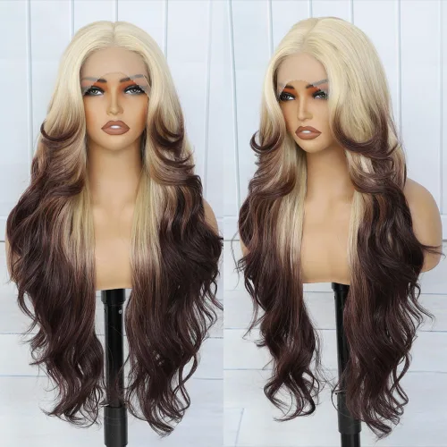 Miniatura 13 de Pelucas de encaje frontal rubias de 30 pulgadas X-TRESS con onda corporal, prediseñadas, peluca frontal de encaje sintético con raíces oscuras