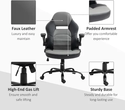 Miniatura 8 de Vinsetto Silla de juegos de piel sintética con reposabrazos abatibles, silla de computadora estilo carreras, silla de oficina en casa ajustable