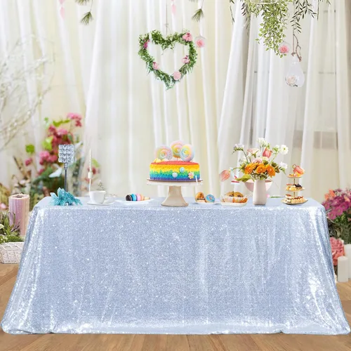 Miniatura 2 de Mantel de lentejuelas plateadas, mantel rectangular de 50 x 102 pulgadas, mantel rectangular de lentejuelas y tela satinada para fiestas, bodas