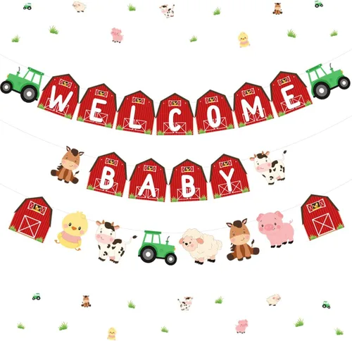 Decoración de baby shower de animales de granja, pancarta roja para niñas, guirnalda de baby shower con temática de animales de granja, pancarta de