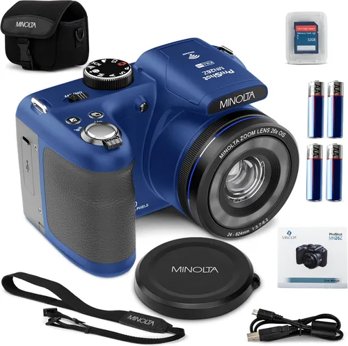 Minolta Cámara ProShot de 20 MP – Lente de zoom óptico de 26x, video HD de 1080p, WiFi, pantalla LCD de 3 pulgadas, estabilización de imagen, Azul
