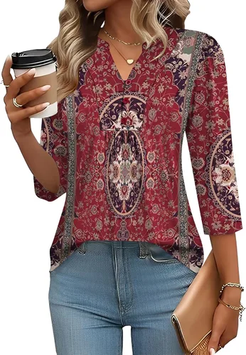 Miniatura 25 de IECCP Blusas de verano de manga 3/4 para mujer, estilo casual, cuello Henley, cuello en V, plisadas, ajuste holgado, blusas de trabajo