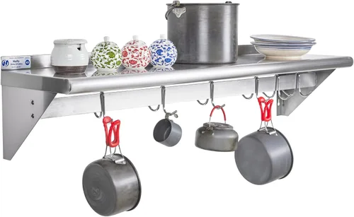 Miniatura 11 de Hally Estante de Acero Inoxidable con 6 Ganchos 12" x 36" Estante para Ollas Montado en Pared, Estantería Flotante Comercial NSF para Almacenamiento