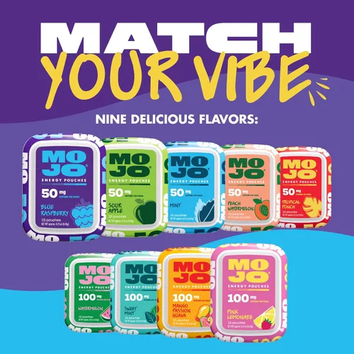 Miniatura 7 de Bolsas de energía MOJO sabor frambuesa azul, 50 mg de cafeína por bolsita, 15 bolsitas, paquete individual