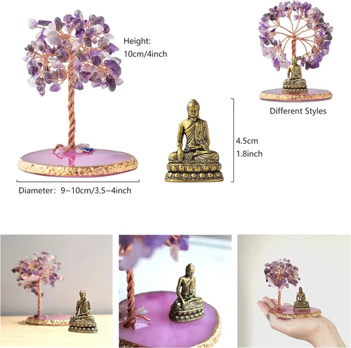 Miniatura 4 de Estatua de Buda con Árbol de Cristal Sanador, Árbol de la Vida para Energía Positiva. Decoración del Hogar para Yoga y Meditación. Amatista.(A)