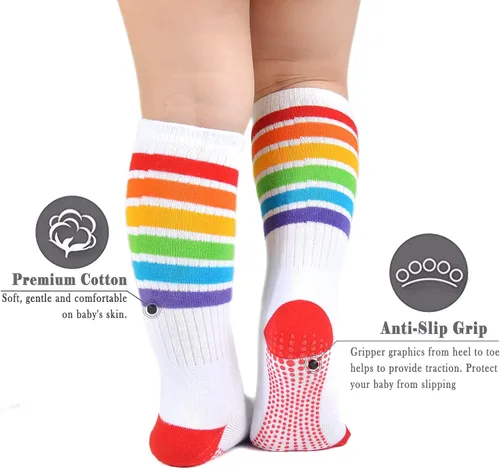 Miniatura 3 de EPEIUS Calcetines altos a la rodilla con rayas arco iris para bebé, medias de tubo antideslizantes, calcetines de fútbol para niños pequeños y niños