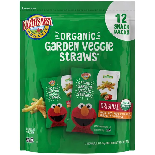 Earth's Best Bocadillos orgánicos de sésamo Street para niños pequeños, pajitas de verduras de jardín, paquete múltiple, 0.5 onzas, 12 unidades