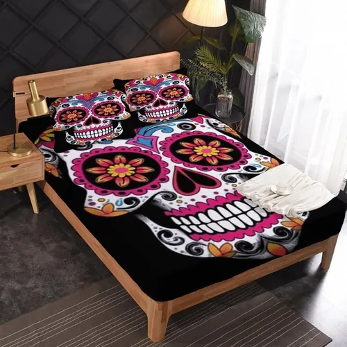 Miniatura 2 de Juego de sábanas de calavera de azúcar tamaño individual, sábanas de microfibra suave y bolsillo profundo y sábanas y fundas de almohada, 1 sábana