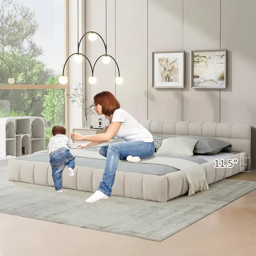 Miniatura 8 de Base de cama tapizada tamaño California King con tela de felpilla gruesa, cama de plataforma con cabecero copetudo, marco de madera maciza, diseño