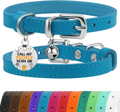 Miniatura 35 de BRONZEDOG Collar de cuero para gato con campanas extraíbles sin liberación rápida, etiqueta QR para gatito para niña y niño