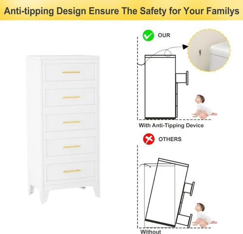 Miniatura 6 de Cómoda blanca de 5 cajones para dormitorio, cómodas y cajoneras de metal de 53.46 pulgadas de alto con diseño de esquinas curvas, cajonera Blanco