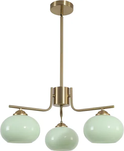 KCO Lámpara de araña vintage de cristal verde con 3 luces de globo Sputnik, moderna lámpara de oro cepillado de mediados de siglo con montaje
