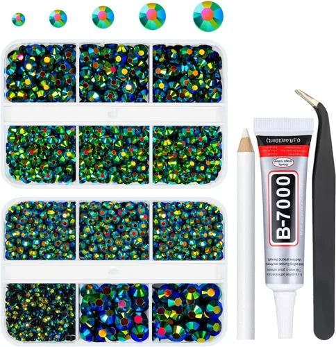 Miniatura 31 de qiipii Diamantes de imitación de resina AB verde aguamarina con pegamento B7000 para manualidades deslumbrantes de 2mm-6mm piedras gelatinosas