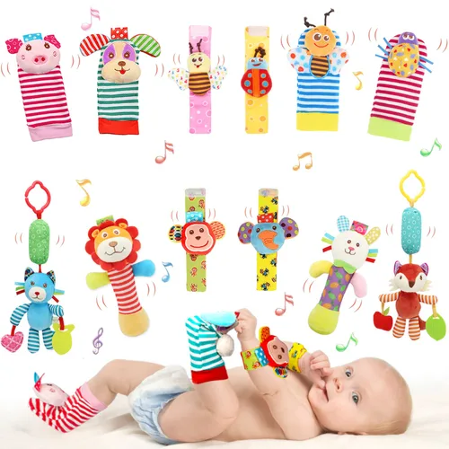 Miniatura 18 de Bloobloomax Juego de calcetines suaves para bebé, sonajero y muñequera, sonajero para bebés, juguetes de peluche de algodón y felpa, regalo