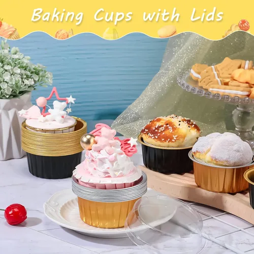 Miniatura 6 de 200 tazas de papel de aluminio para hornear cupcakes de 4.2 onzas, moldes desechables para cupcakes, moldes de postre con tapas, mini recipientes