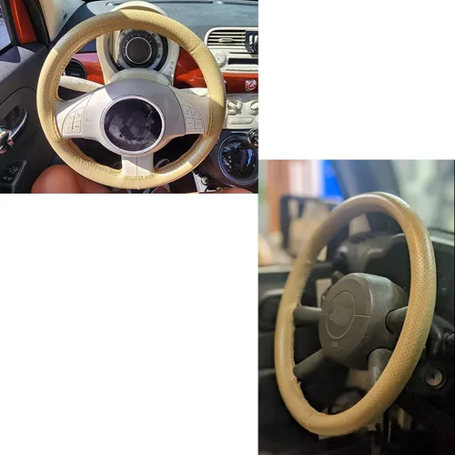 Miniatura 3 de Onerbuy Funda universal de piel para volante de auto con costura envolvente DIY transpirable y antideslizante, 15 pulgadas (beige)