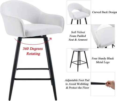 Miniatura 6 de DUOMAY Juego de 2 taburetes de bar giratorios, modernos taburetes de altura de mostrador de 26 pulgadas, silla de isla de cocina tapizada de Blanco