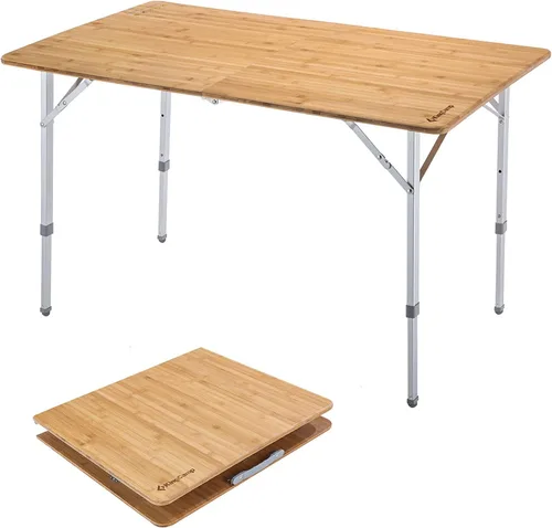 Miniatura 11 de KingCamp Mesa de Bambú Plegable Mesa de Camping Ecológica con Patas de Aluminio de Altura Ajustable Resistente 4 Pliegues Mesas de Campamento