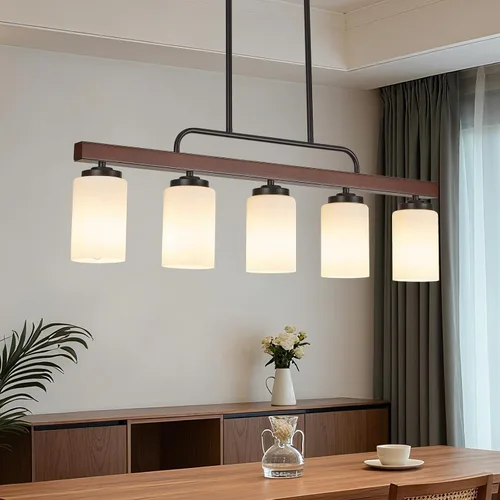 Miniatura 10 de Lámpara de Comedor Estilo Granja Sobre Mesa, Iluminación de Isla de Cocina de Madera Negra de 4 Luces con Vidrio Blanco Leche, Luces Colgantes