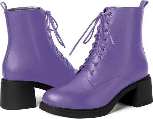 Miniatura 27 de ROSERWISH Botas altas de tacón bajo y grueso para mujer, con cordones, cómodas, modernas, con puntera redonda, de 2.5 pulgadas