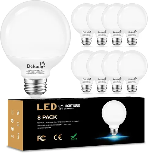 Miniatura 12 de Paquete de 8 Bombillas de Luz para Baño con Base E26 de 3000K Blanco Suave, Bombillas LED Globo G25 Equivalente a Incandescente de 60 Vatios
