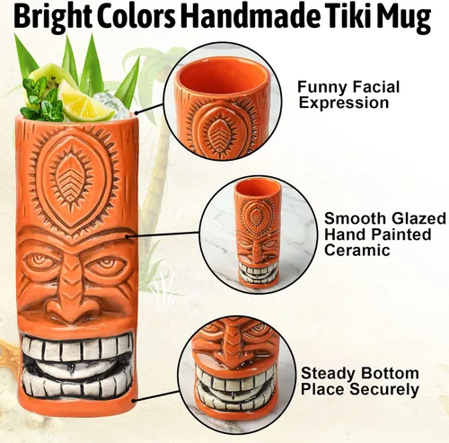 Miniatura 3 de Tiki Mugs - Juego de 4 tazas de cóctel de cristal Tiki de cerámica, vasos de cóctel únicos, taza hawaiana profesional de bar y Halloween fiesta