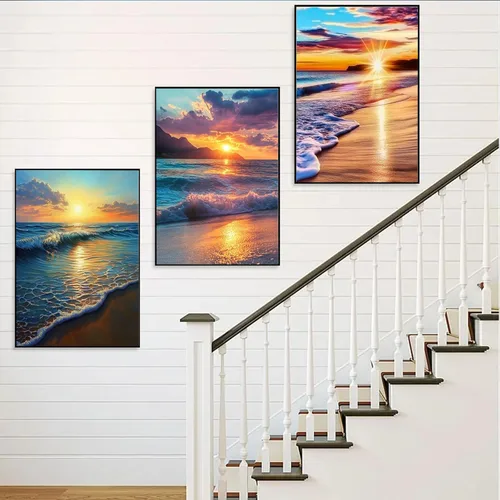 Miniatura 3 de Paquete de 6 kits de pintura de diamantes para adultos principiantes, juegos de arte de diamantes de playa 5D, pintura de amanecer redonda completa