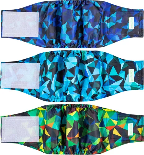 wegreeco - Pañales lavables tipo banda envolvente para vientres de perros machos, paquete de 3 unidades, estampado moderno geométrico en color azul,