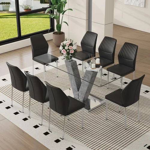 Miniatura 19 de Juego de mesa de comedor de cristal moderno de 71 pulgadas para 6, juego de mesa de comedor de 7 piezas con sillas y mesa de vidrio templado