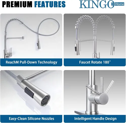 Miniatura 5 de KINGO HOME Grifo de fregadero de cocina con rociador extraíble, grifo de barra de acero inoxidable de níquel cepillado de una sola manija, grifos