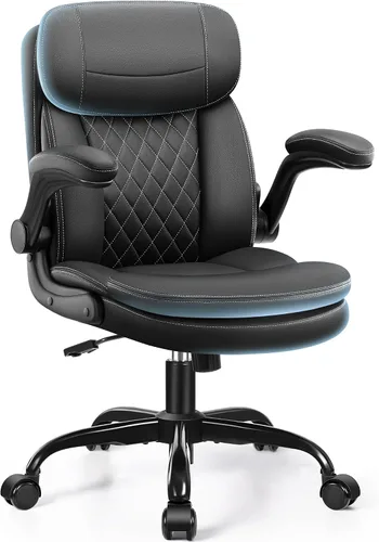 Silla de oficina de cuero, sillas de escritorio de computadora de poliuretano mejoradas con cojín de asiento de doble capa y reposaespaldas, Negro