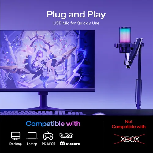 Miniatura 7 de MAONO Micrófono USB para juegos, Micrófono condensador con cancelación de ruido con silencio, ganancia, monitoreo, micrófono de brazo de boom