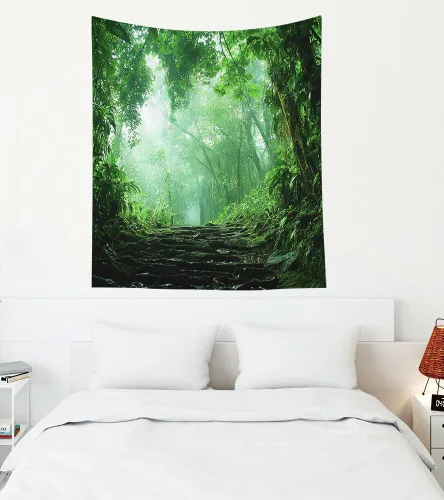 Miniatura 36 de EMMTEEY Tapiz de pared con bosque - Árbol de pino verde y niebla, arte de pared natural, 80x60 pulgadas, tapiz grande de estilo bohemio para sala