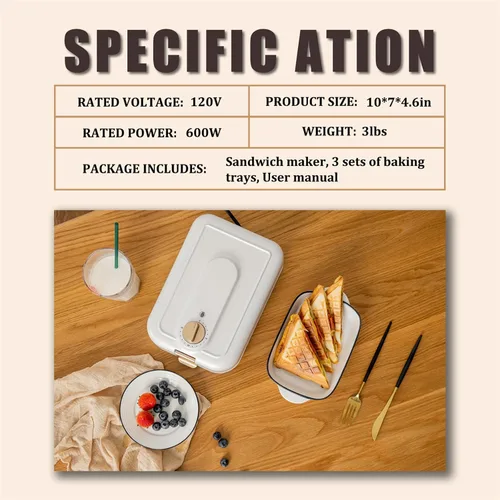 Miniatura 6 de Sandwichera de sincronización blanca 3 en 1 con placas antiadherentes, luces indicadoras y función de bloqueo, prensa eléctrica Panini de 600 W