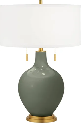 Color + Plus Toby - Lámpara de mesa de cristal moderna de 28 pulgadas de alto, cadena de tirar, liquen profundo, acabado de latón, tela única,