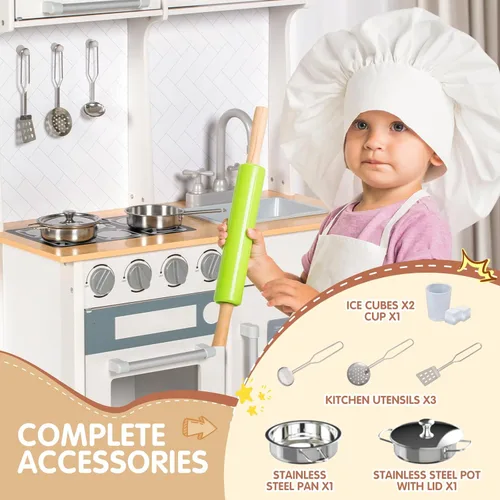 Miniatura 4 de BRINJOY Juego de cocina para niños, cocina de madera para niños con grifo, fregadero, estufa, horno, utensilios de cocina, gabinetes de Blanco