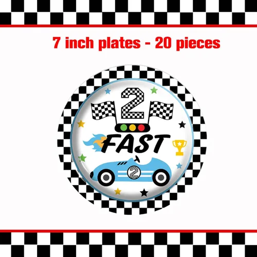 Miniatura 3 de 126 piezas de decoración de fiesta de segundo cumpleaños de coche de carreras, blanco y negro, dos platos de postre rápidos, servilletas, tazas