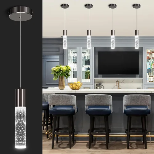 OKELI Lámpara colgante moderna, luminarias LED de cristal de burbujas para isla de cocina, mini iluminación colgante individual negra para barra de