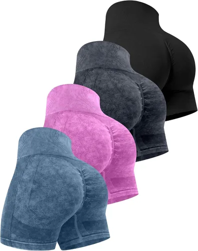 Miniatura 28 de CHRLEISURE Pantalones Cortos de Entrenamiento para Mujer, 4 Paquetes, Cintura Alta, Levantamiento de Glúteos con Fruncido, Pantalones Cortos Booty