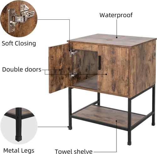 Miniatura 6 de UEV Juego de tocador de baño antiguo de 24 pulgadas, color marrón oscuro con lavabo, armario de baño de madera de hierro con grifo de temperatura